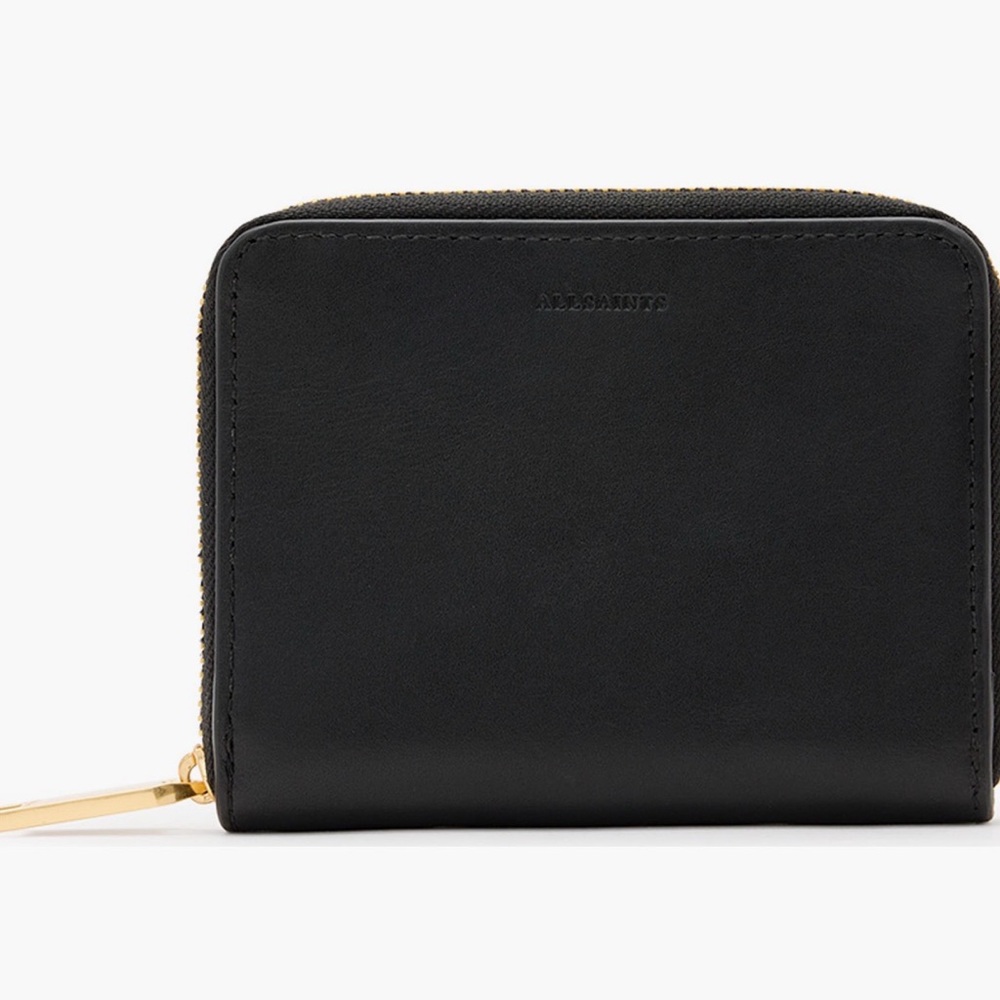 All Saints Black Leather Zip Wallet with Gold Hardware